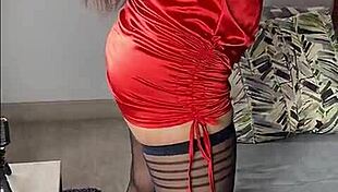 Kenia TEASES in BLACK STOCKINGS and RED SATIN DRESS!