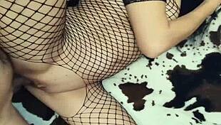 milf wife in fishnet lingerie getting anal stretched by big cock