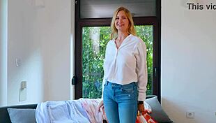 skinny blonde shows off huge tits