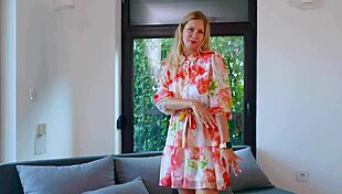 skinny blonde shows off huge tits