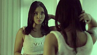 Behind the scenes, a Latina star licks pussy and takes monster cock anal.