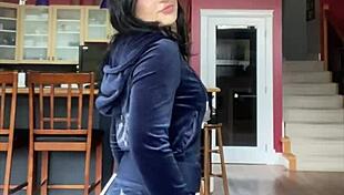 brunette student unboxes and tries on juicy couture velour tracksuit