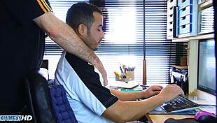 Sexy delivery guy receives intense 4 hands ass massage unexpectedly