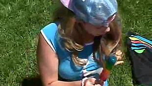 Little 18+ April, A Petite Brunette Teen, Rubs Her Clit Outdoors While Sucking On A Popsicle
