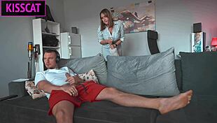 step son distracts step mom for handjob in shared bed, leading to rough fuck