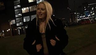 Blonde british babe flashes downtown at night