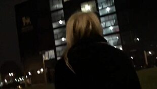 Blonde british babe flashes downtown at night