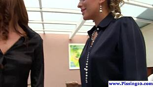 classy lesbians in stockings indulge in urine fetish licking, feeling the intense pleasure