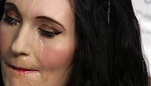 beautiful woman in lingerie gets a huge facial from her lover