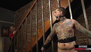 Strict blonde milf whipping sub after strapon humiliation