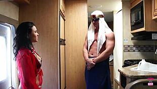 Brunette's cunt drilled hard on counter!