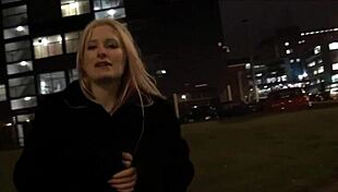 Blonde british babe flashes downtown at night