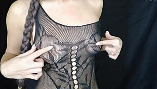 Cute brunette with pigtails experiences real nipple orgasm