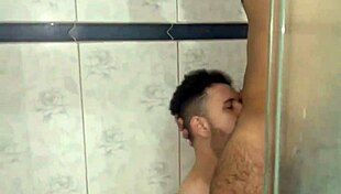 in the bathroom, the strong bearded guy gets a visit from a twink to handle his big cock roughly.