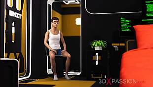 3d dickgirl android toys with sexy blonde in sci-fi room.