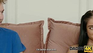 In daddy4k, the young girl's hairless pussy gets licked and divided by uncle's monster cock