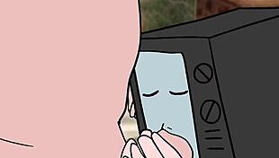 Tv woman sucks cameraman's cock while he licks her pussy in anime hentai toilet scene