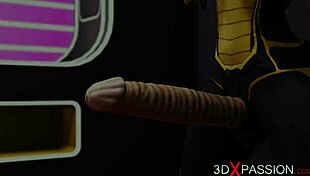 3d dickgirl android toys with sexy blonde in sci-fi room.