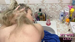 husband fucks wife's fat ass deeply then she plays with his cum in mouth