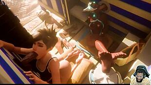 sombra watches natasha's bald pussy deepthroat at gloryhole