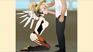 Mercy performs deepthroat, blowjob, and doggystyle in hentai
