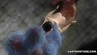 busty 3d cartoon babe gets double teamed
