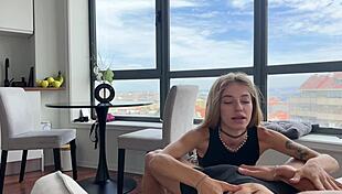 Petite Tattooed Student in Sneakers Jumping on Roommate's Dick