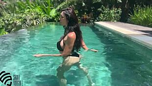 Hot milf fucked by the pool, cum on face