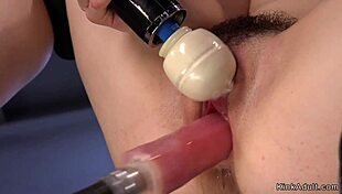 Hairy slut fucks machine in various positions
