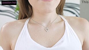 Rose Caarter begs for trainer's big cock in sweaty workout. Her tight pussy drips wet.