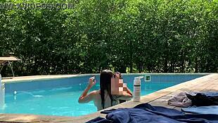 Natasha And Megan Tan Outdoors While Guy Cleans Pool, Then Swim Naked With Him