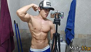 Muscle worship and a facial finish in the bathroom