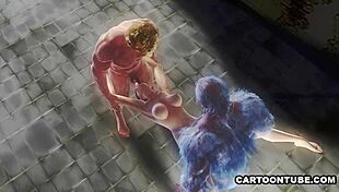 busty 3d cartoon babe gets double teamed