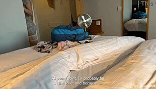 My hot milf stepmother caught me spying on her in the shower in a shared hotel room.