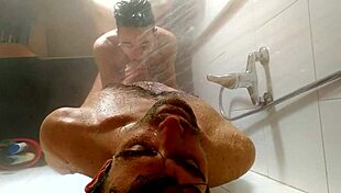 recorded from ceiling in shower with doggystyle big cock blowjob and cum in mouth