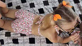 Horny girl sucks huge cock and licks balls on cute face