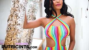 putri cinta says, watch me strip out of this colorful dress to show my tight asshole