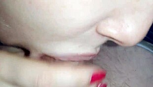 early morning blowjob close-up, cum in mouth from sweet lips and tongue