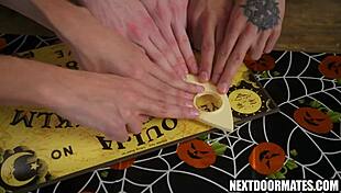 Intense Halloween gay threesome with twinks fucking hard