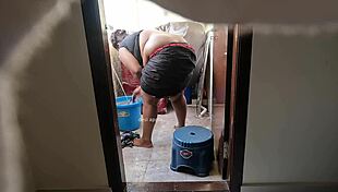 young boy jerks in front of maid