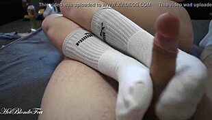 Blonde Miley Grey's sexy footjob in long socks contrasts with monster cock fetish