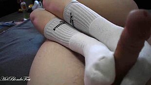 Blonde Miley Grey's sexy footjob in long socks contrasts with monster cock fetish