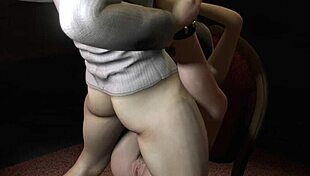 The slutty fat girl in a revealing outfit is tied to the chair, getting her tits sucked and feet worshipped before a blowjob and fucking.