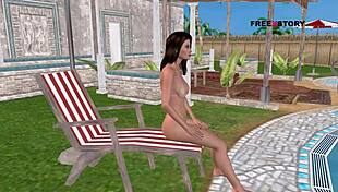 cute anime girl in 3d cartoon taking a relaxing shower near the swimming pool