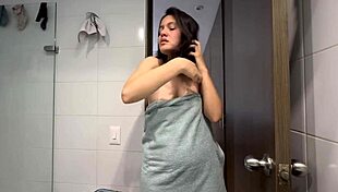 Stepsister helps in the shower while husband cooks eggs