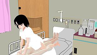 perverted nurse plays doctor with anime girl in hentai style