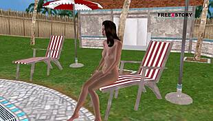 cute anime girl in 3d cartoon taking a relaxing shower near the swimming pool