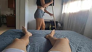 The maid in tight shorts cleans house, I get horny and stroke cock