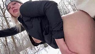 Outdoor sex in the park during winter, babe moaning loud with natural tits!