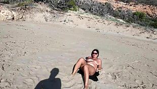 Curvy Nudist Stranger Plays with Dildo on Public Beach Funny